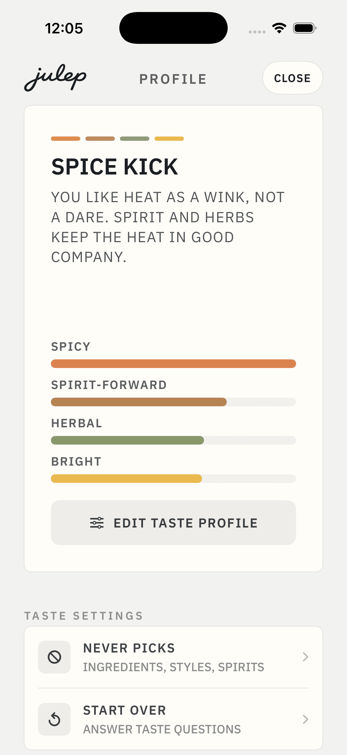 Julep taste profile screen