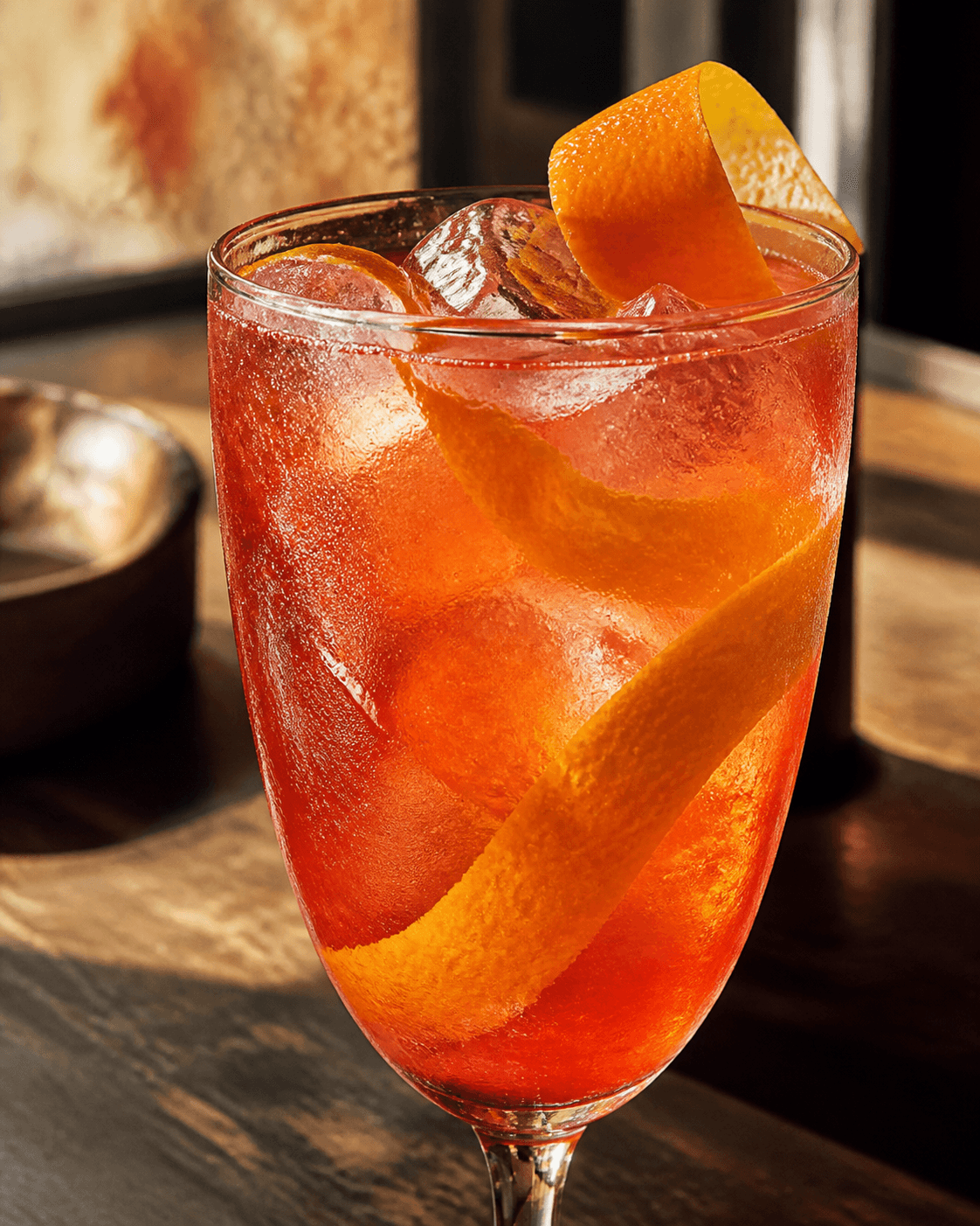 A vivid citrus cocktail with peel and condensation